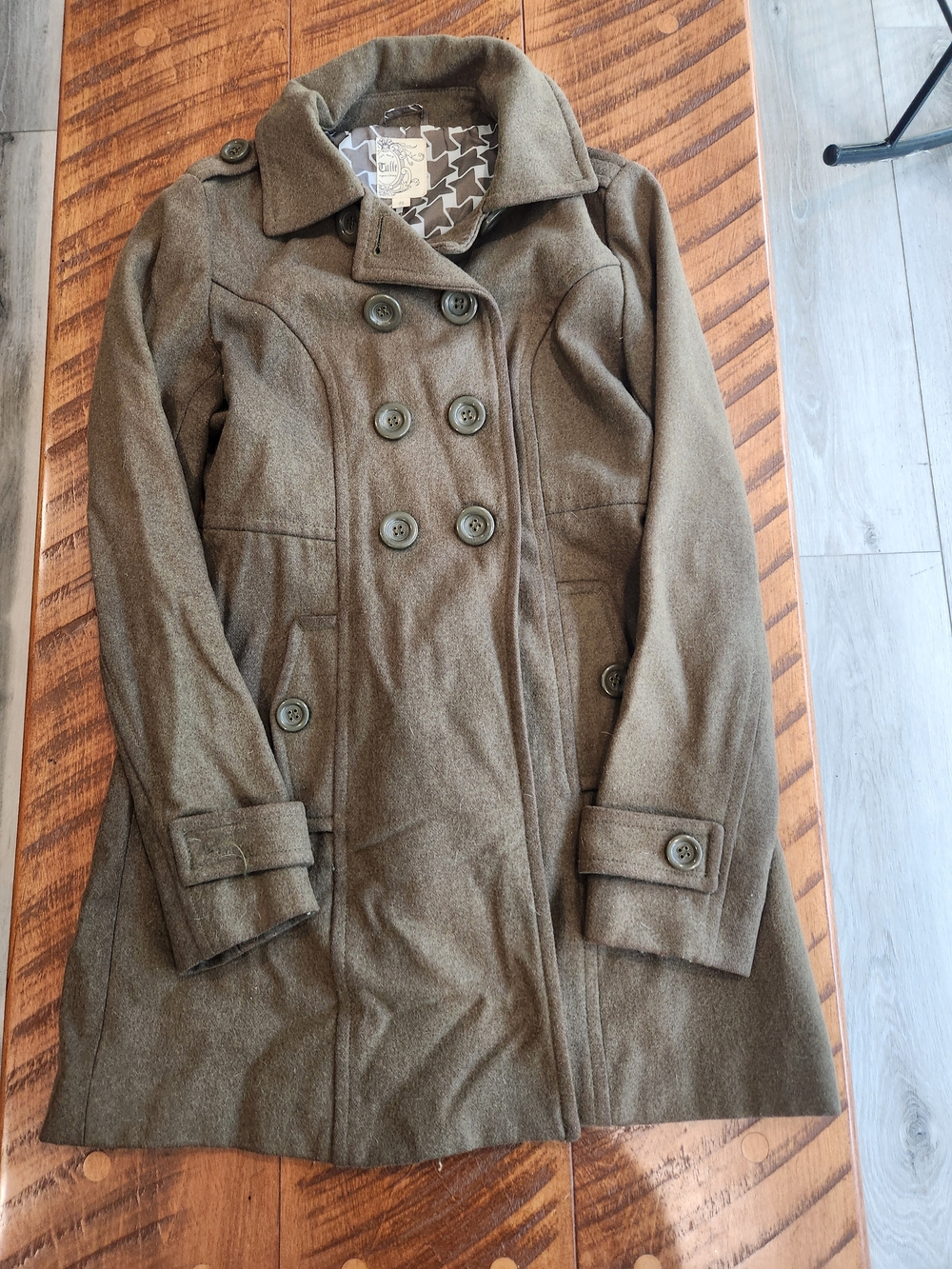 Tulle Olive Green Wool-Blend Peacoat with Patterned Lining